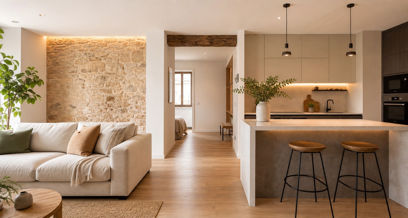 Interior reformado en Manresa con cocina abierta, piedra vista y acabados cálidos