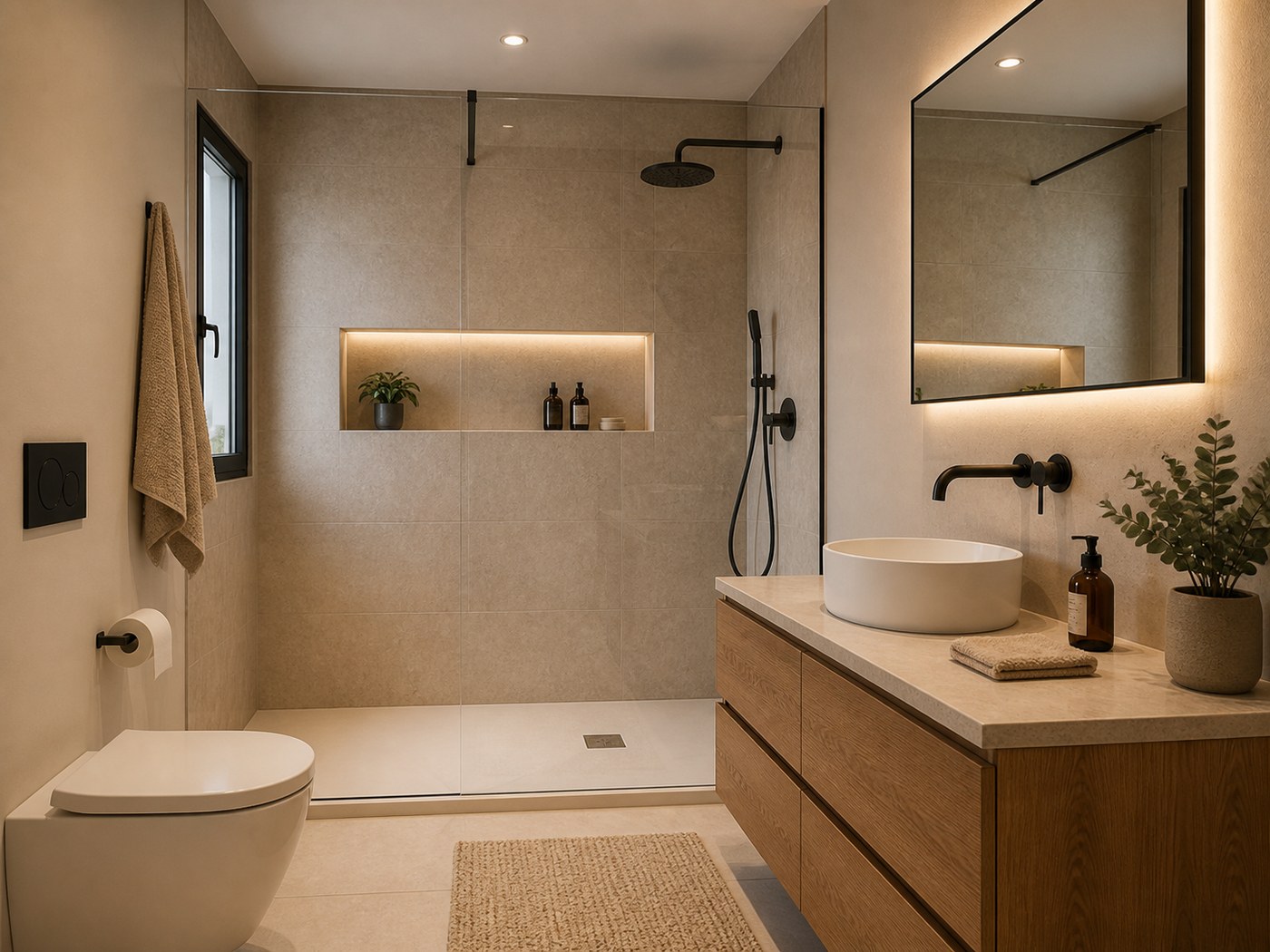 Baño reformado con ducha de obra, mueble de madera y grifería negra