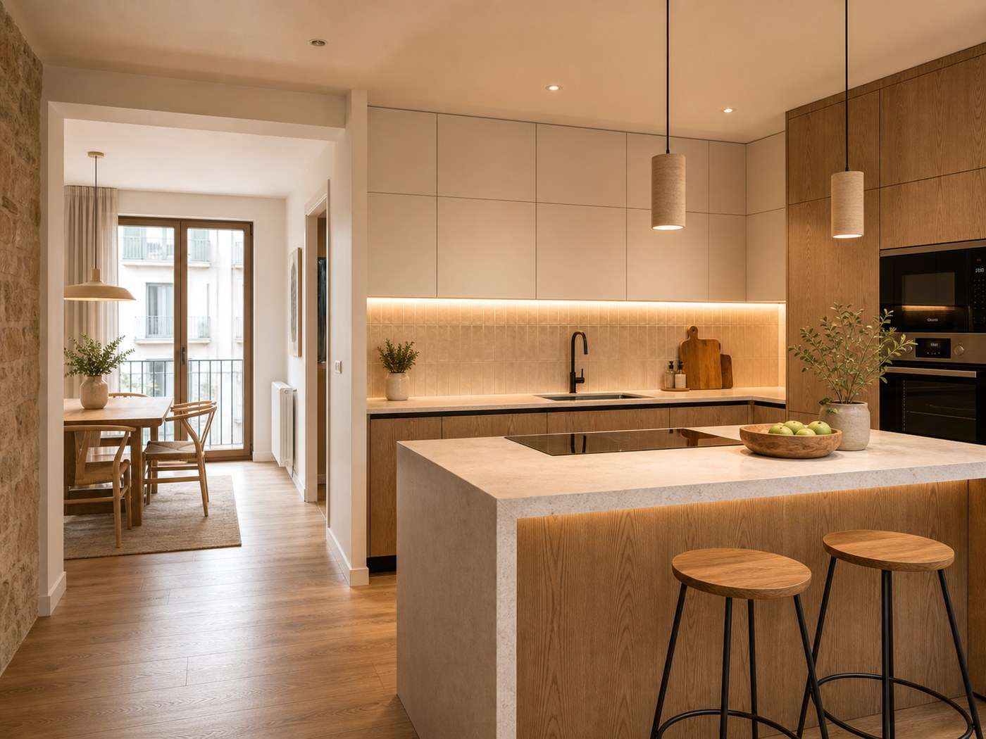 Cocina reformada con isla, madera y encimera clara