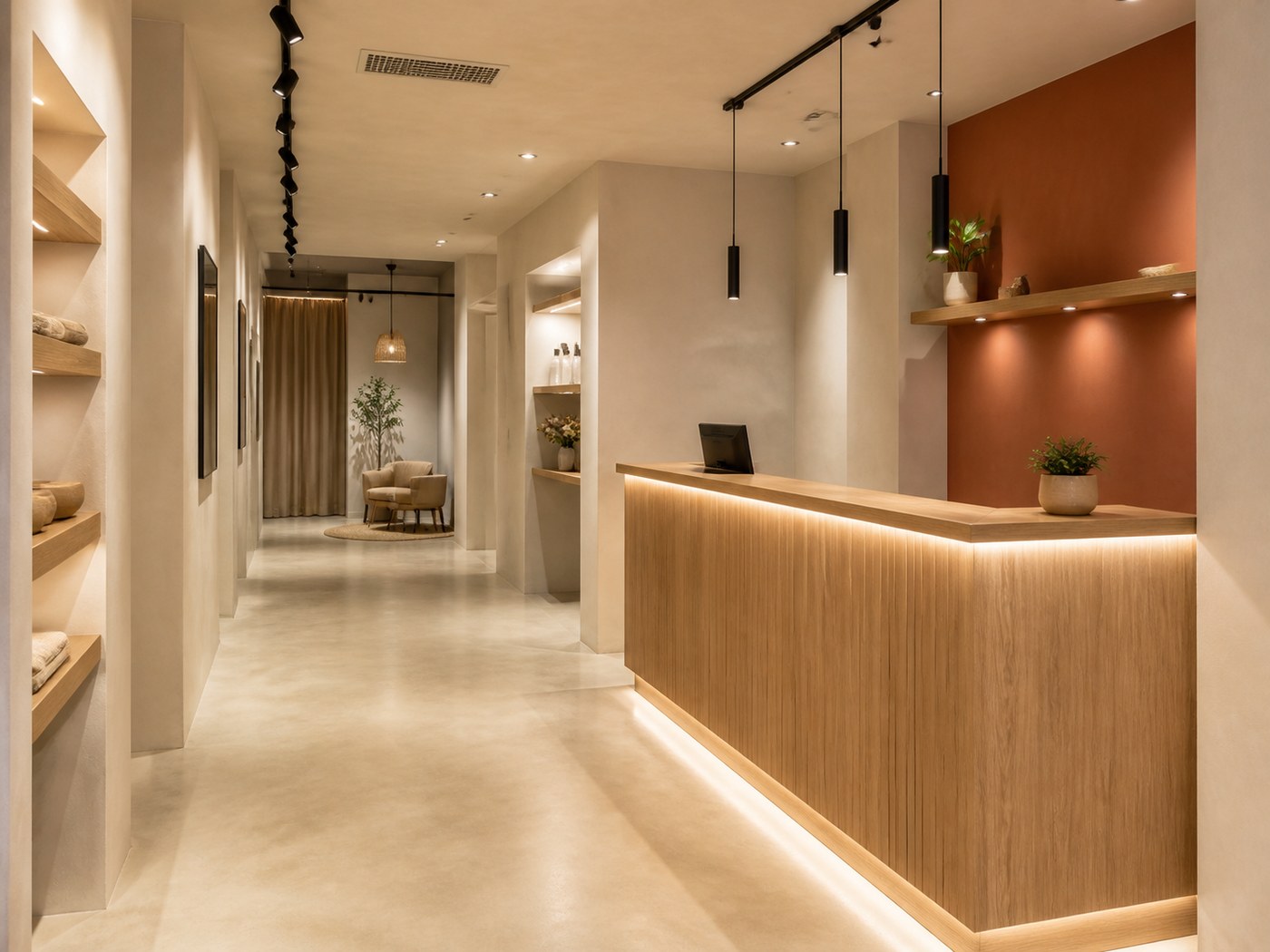 Local comercial reformado con mostrador de madera, microcemento y luz cálida