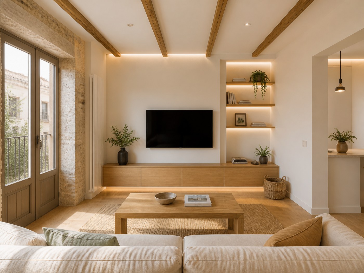 Piso reformado con salón luminoso, madera y acabados cálidos