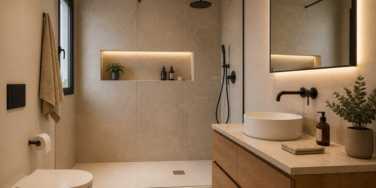 Baño reformado en Manresa con ducha, mueble de madera y acabados cerámicos