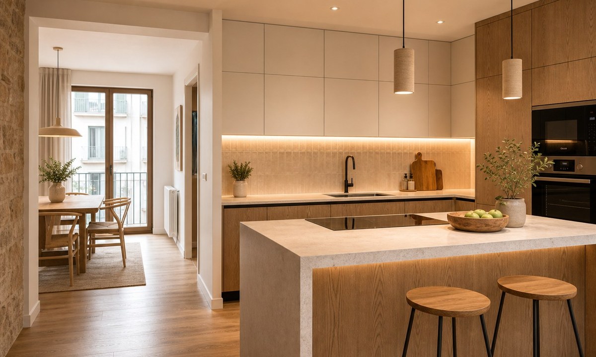 Cocina reformada en Manresa con nueva distribución, mobiliario y encimera