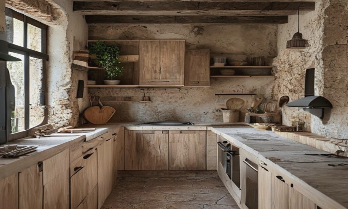 Cocina actualizada en vivienda antigua de Súria con materiales cálidos